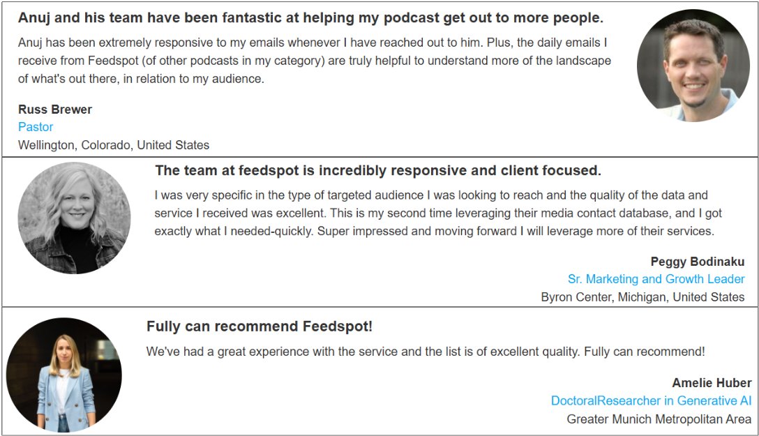 Happy customers sharing their great experiences with Feedspot! 😊 Check out how we help grow podcasts and provide quality service. 🚀 #CustomerFeedback  #Feedspot #podcast