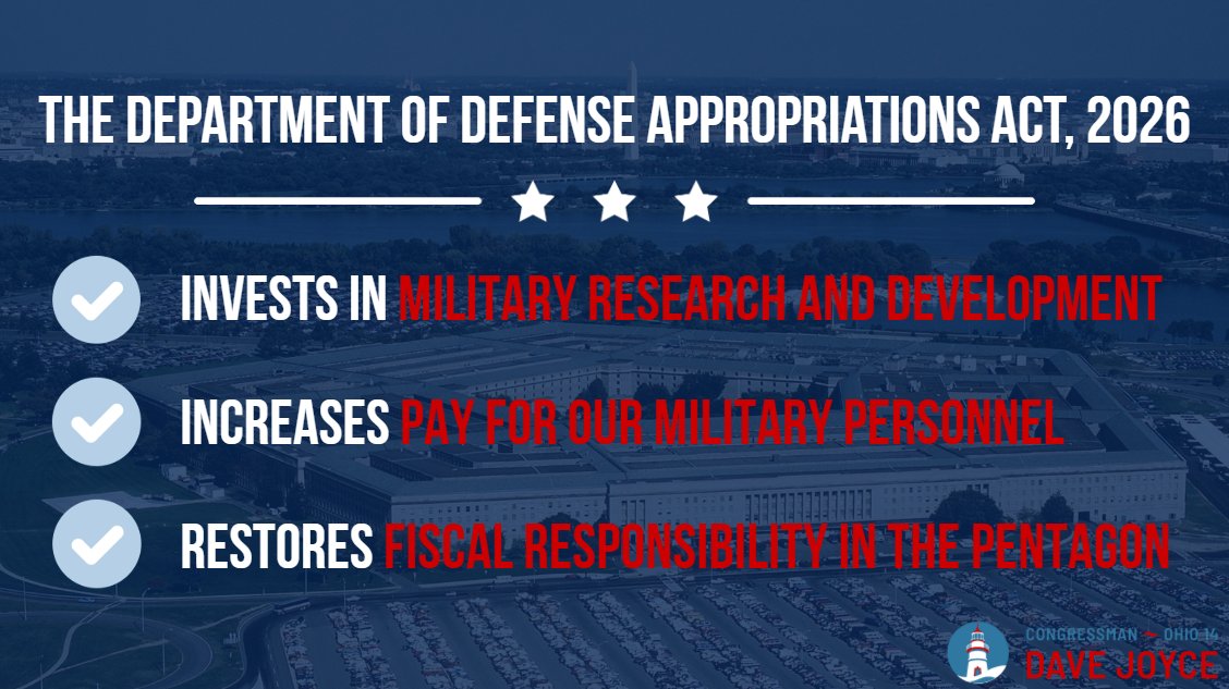 RepDaveJoyce's tweet image. The FY26 Department of Defense Appropriations Act takes care of our military personnel, modernizes defense capabilities, and restores fiscal responsibility. As a member of the @HouseAppropsGOP Defense Subcommittee, I am proud to see this legislation pass the House with my…