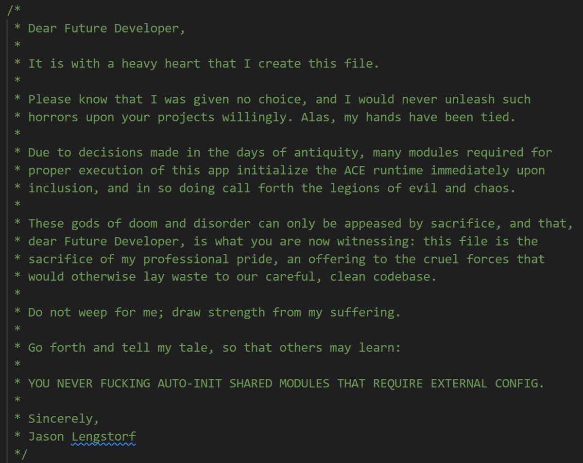 jlengstorf's tweet image. I wrote this comment almost a decade ago and someone who inherited this code just DMed me to let me know this is still a problem