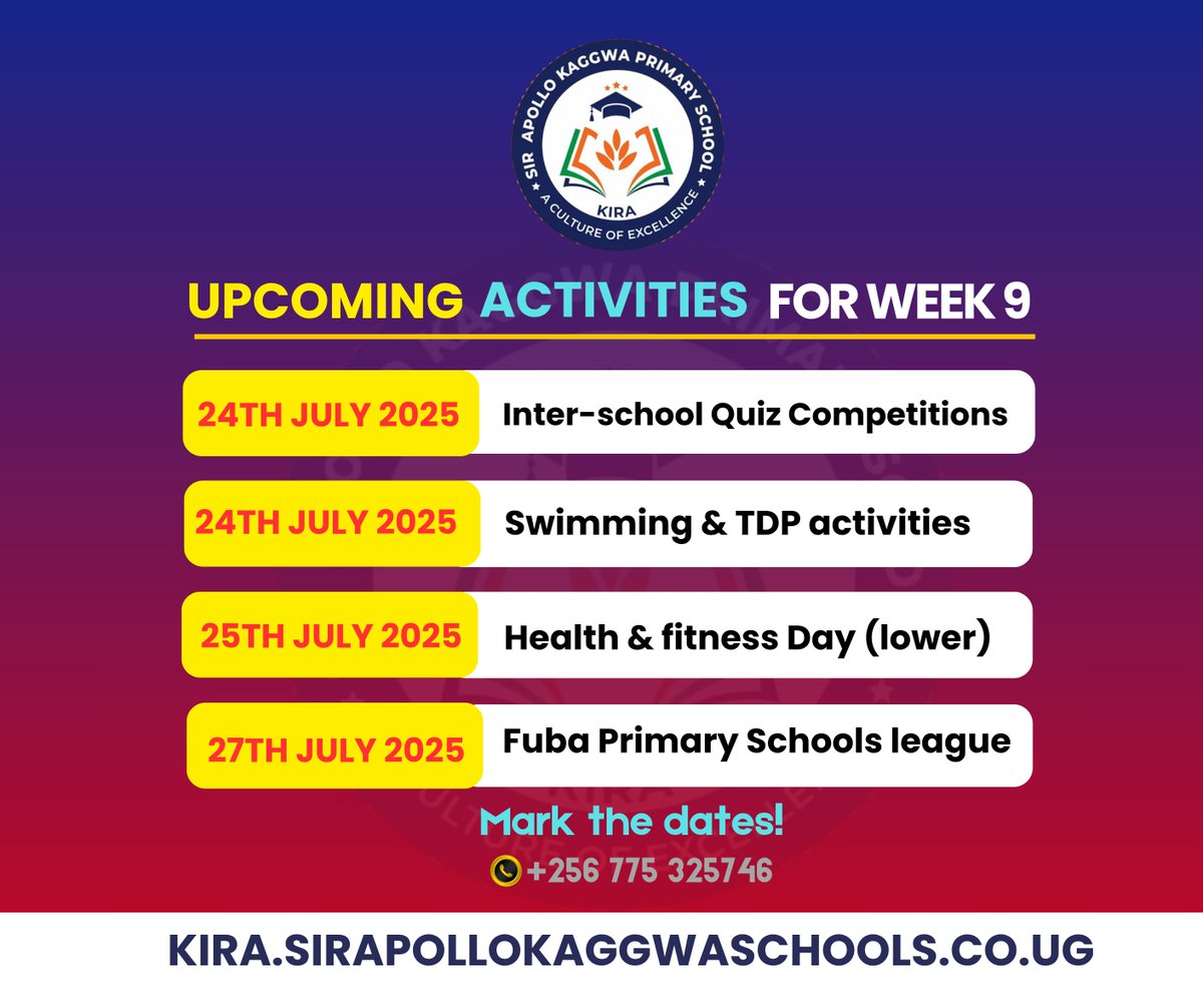 Sir Apollo Kaggwa Schools - Official (@sakschools) on Twitter photo Week Nine promises to be a vibrant and eventful one at <a href="/SirApolloKira/">Sir Apollo Kaggwa Primary School - Kira</a> , filled with opportunities that inspire learning, growth, and excellence.
With such a rich blend of academic, co-curricular, and wellness-focused events, we look forward to a fulfilling week ahead, guided by Week Nine promises to be a vibrant and eventful one at <a href="/SirApolloKira/">Sir Apollo Kaggwa Primary School - Kira</a> , filled with opportunities that inspire learning, growth, and excellence.
With such a rich blend of academic, co-curricular, and wellness-focused events, we look forward to a fulfilling week ahead, guided by