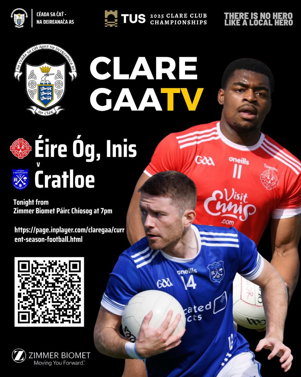 Clare Gaa (@gaaclare) on Twitter photo Éire Óg Inis V Cratloe - <a href="/TUS_ie/">Technological University of the Shannon</a> Senior Football Championship Round 1
Watch it live tonight on Clare GAA TV. Weekend and Annual Passes available ➡️ page.inplayer.com/claregaa/curre…
Clare GAA TV is proudly sponsored by <a href="/zimmerbiomet/">Zimmer Biomet</a>
#ThereIsNoHereLikeALocalHero Éire Óg Inis V Cratloe - <a href="/TUS_ie/">Technological University of the Shannon</a> Senior Football Championship Round 1
Watch it live tonight on Clare GAA TV. Weekend and Annual Passes available ➡️ page.inplayer.com/claregaa/curre…
Clare GAA TV is proudly sponsored by <a href="/zimmerbiomet/">Zimmer Biomet</a>
#ThereIsNoHereLikeALocalHero