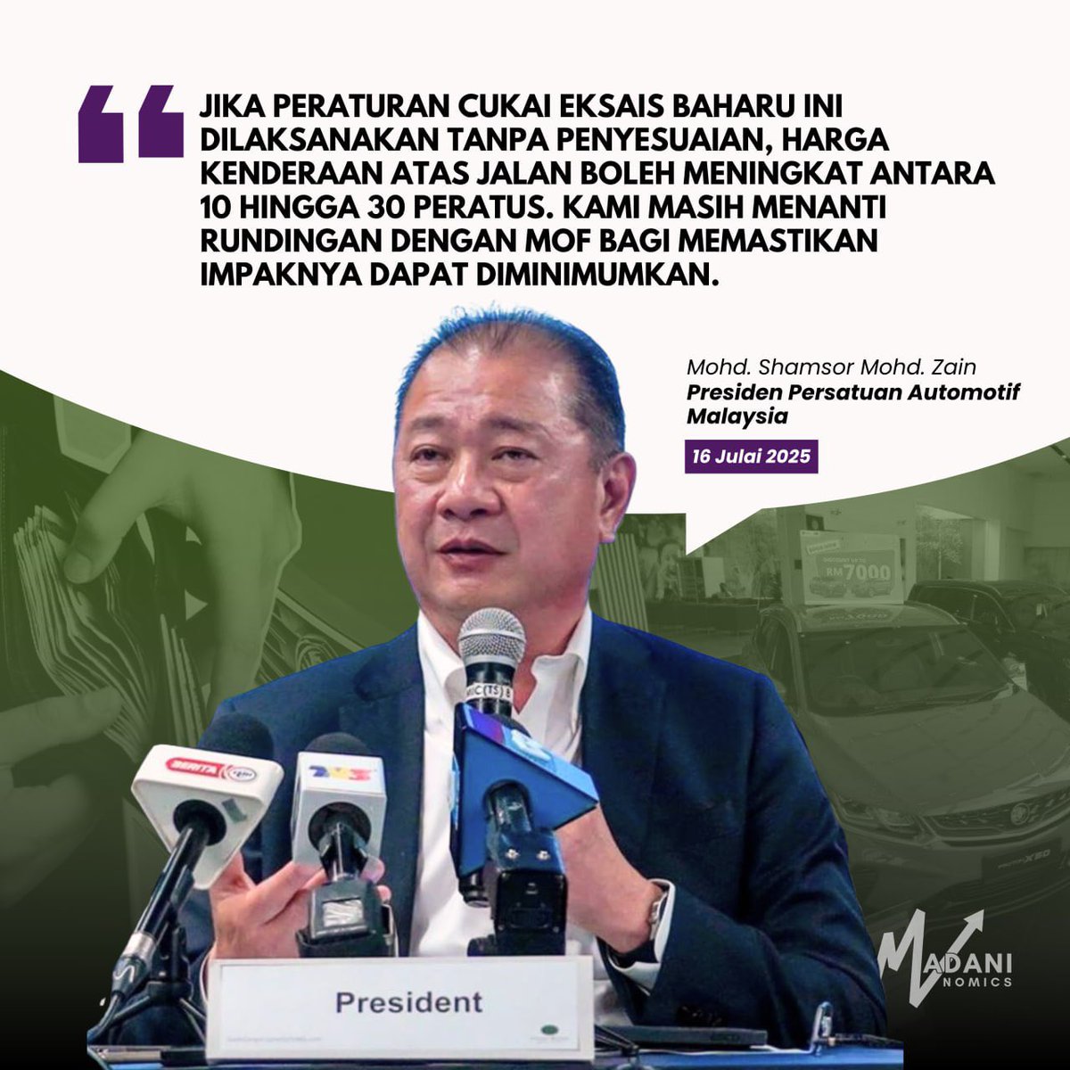 MadaniNomics's tweet image. MNNews 🌐 Harga Kereta Dijangka Naik 10–30%, Industri Tunggu Rundingan dengan MOF
Persatuan Automotif Malaysia (MAA) menjangkakan harga kenderaan atas jalan berisiko meningkat antara 10 hingga 30 peratus sekiranya peraturan cukai eksais baharu, P.U.(A) 402/2019, dilaksanakan…