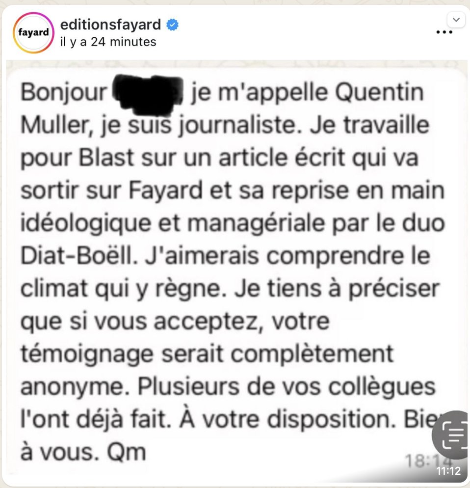 1/ Alors que j'enquêtais sur <a href="/EditionsFayard/">Fayard</a>, récoltant des témoignages de salariés ou ex salariés du groupe pour construire mon article, le compte officiel de la maison ainsi que sa PDG Lise Boëll ont rendu public un de mes messages, remettant en cause l'éthique de mon travail.