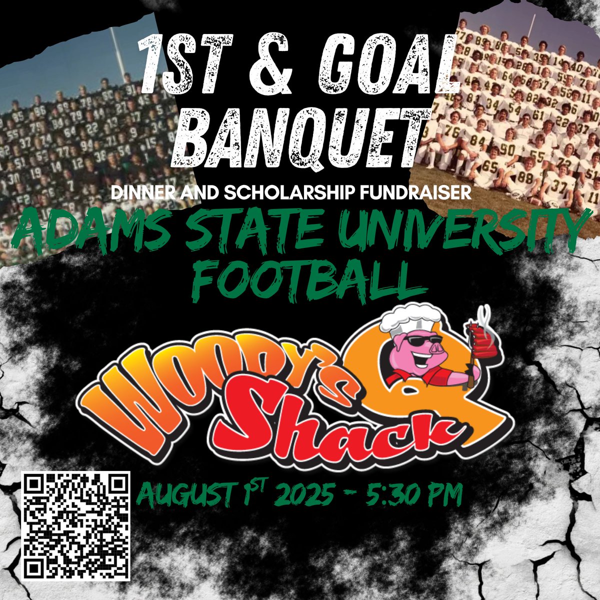 $60 gets you a prime rib dinner from "Woody's Q Shack", exclusive access to Adams State football legends, and a shot at winning auction items, all while supporting scholarships. This is more than a banquet. It’s a cause. 💚

Register by July 25th: secure.qgiv.com/for/adamsstate…