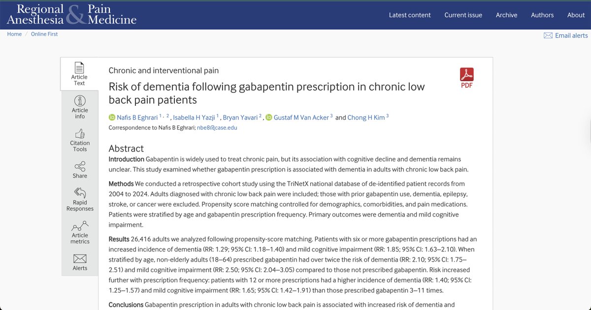 📌 New study in Regional Anesthesia &amp; Pain Medicine:

Gabapentin use in adults with chronic low back pain is linked to increased risk of dementia and mild cognitive impairment—especially in younger adults (18–64).
Risk rises with prescription frequency.
🔗 doi.org/10.1136/rapm-2…