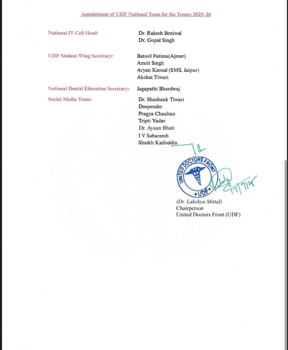 Get ready for an impactful year! United Doctors Front (UDF) is proud to announce the appointment of its National Team for the 2025-26 tenure. We're geared up to advocate for doctors' rights and contribute to a healthier India. We're ready to serve and make a difference!  
 #UDF