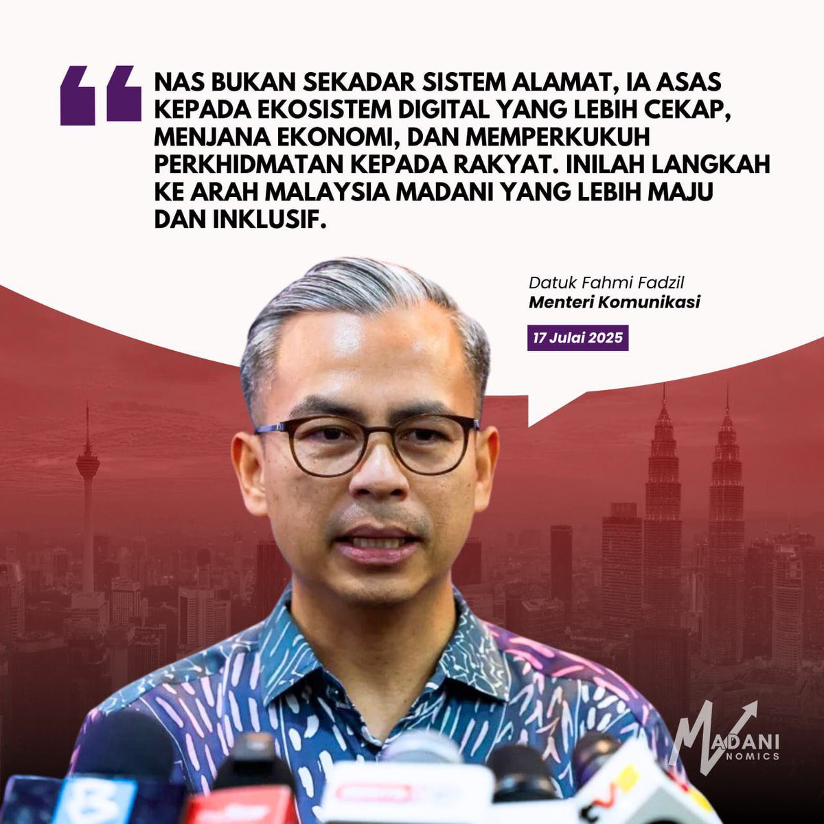 MadaniNomics's tweet image. MNNews 🌐 NAS Bakal Jana RM2 Bilion & 2,000 Peluang Pekerjaan – Fahmi
Menteri Komunikasi, Datuk @fahmi_fadzil berkata Sistem Alamat Nasional (NAS) yang sedang dibangunkan oleh MCMC bakal menjadi pemacu penting dalam agenda pendigitalan negara dan memberi limpahan ekonomi besar…