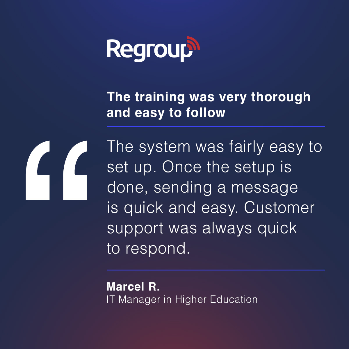 Getting started is simple, and support is always there when you need it. ⚡💬

Discover why users say setup is easy and sending messages is a breeze. 👉  hubs.li/Q03xQFNK0

#G2 #Regroup #MassNotification