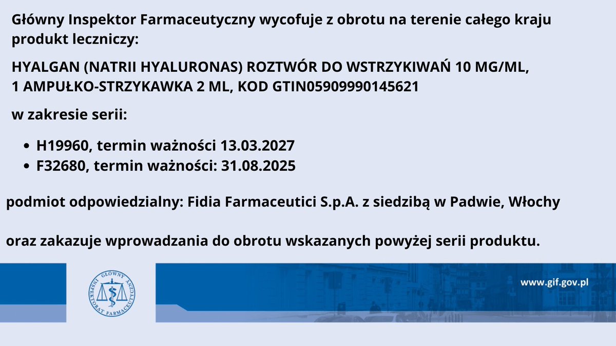 Decyzja GIF wycofująca z obrotu oraz zakazująca wprowadzania do obrotu wskazanych serii produktów leczniczych👇
rdg.ezdrowie.gov.pl/Decision/Downl…
