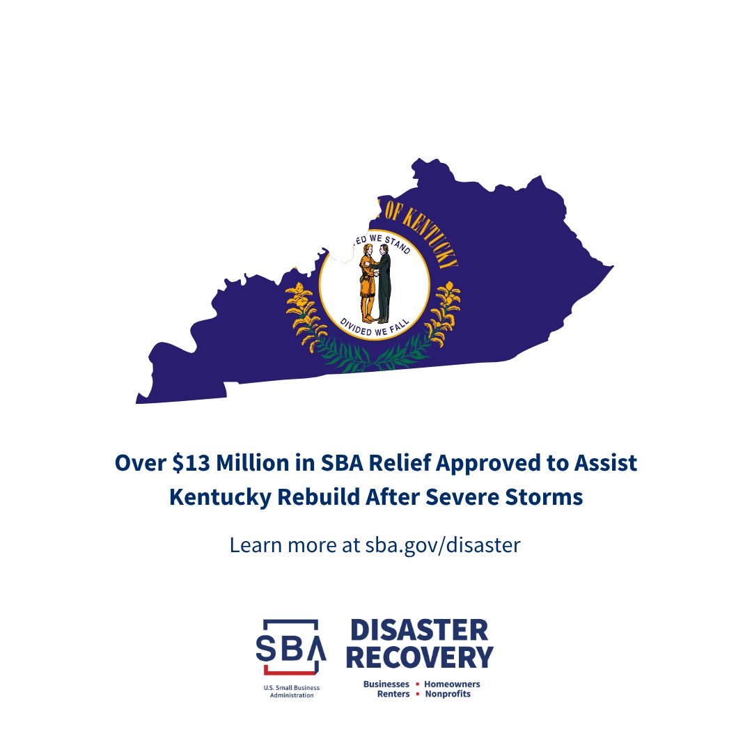 SBA_ODRR's tweet image. Milestone Alert 🚨 @SBAgov has approved over $13 Million in relief to help #Kentucky rebuild after severe #storms, mudslides, and floods.
Businesses, residents, & nonprofits have until Friday, July 25, to return applications for physical property damage: sba.gov/disaster