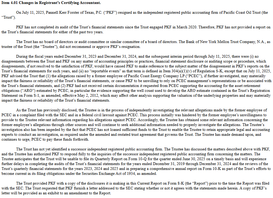 eriksen_tim's tweet image. Pacific Coast Oil Trust $ROYTL saga continues. Auditor resigns notes that PCEC failed to provide information to support wells in ARO calculation. Trustee notes PCEC failed to fund investigation as required.
My biggest gripe right now is Trustee is allowing PCEC to charge…