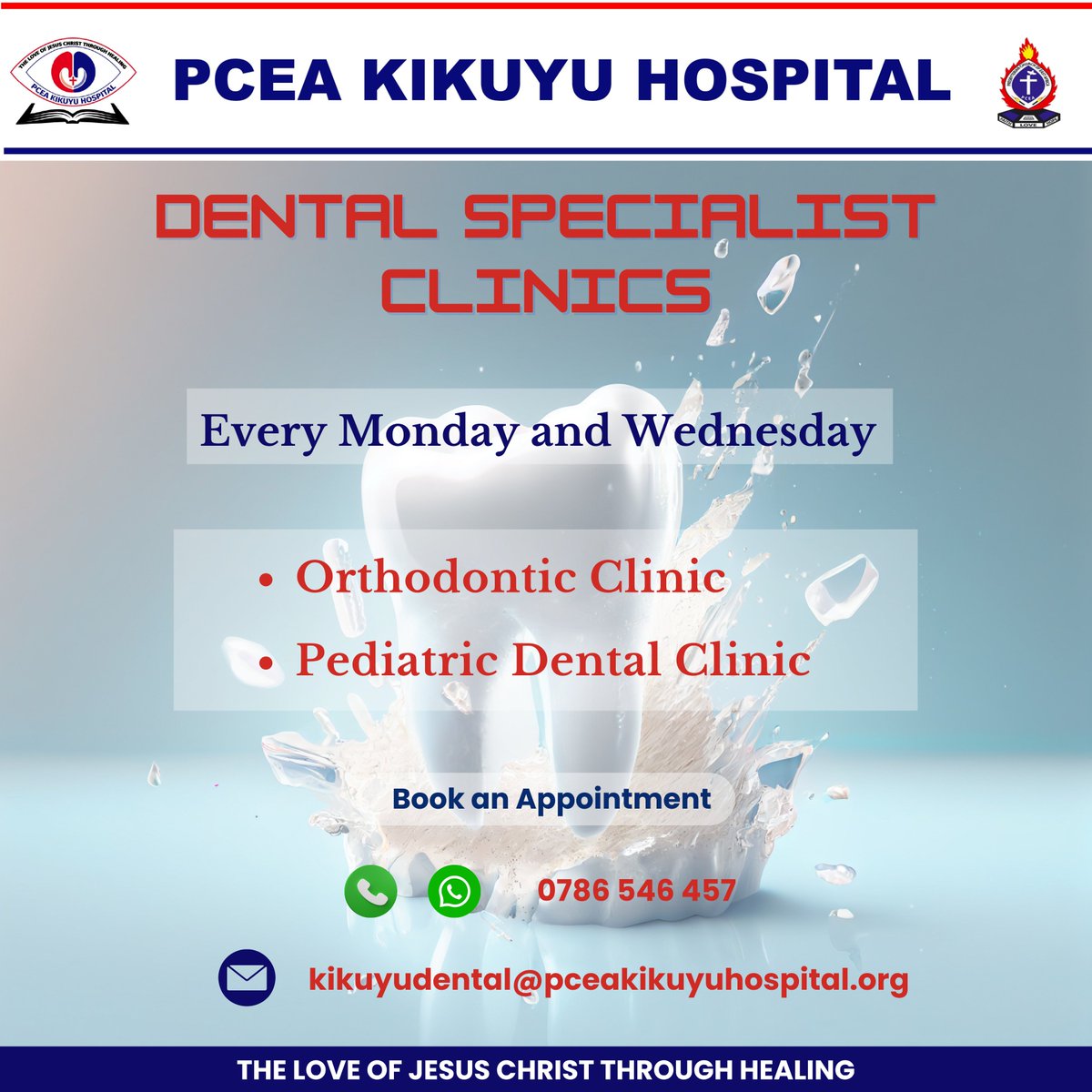 PCEA Kikuyu Hospital (@pceakikuyu) on Twitter photo Got dental issues?
š¶ Our Pediatric & Orthodontic Clinics run every Monday & Wednesday at PCEA Kikuyu Hospital!
š Book: 0786 546 457
š§ kikuyudental@pceakikuyuhospital.org
#DentalCare #Braces #KidsDentist #OrthodonticsKE #PCEAKikuyu Got dental issues?
š¶ Our Pediatric & Orthodontic Clinics run every Monday & Wednesday at PCEA Kikuyu Hospital!
š Book: 0786 546 457
š§ kikuyudental@pceakikuyuhospital.org
#DentalCare #Braces #KidsDentist #OrthodonticsKE #PCEAKikuyu