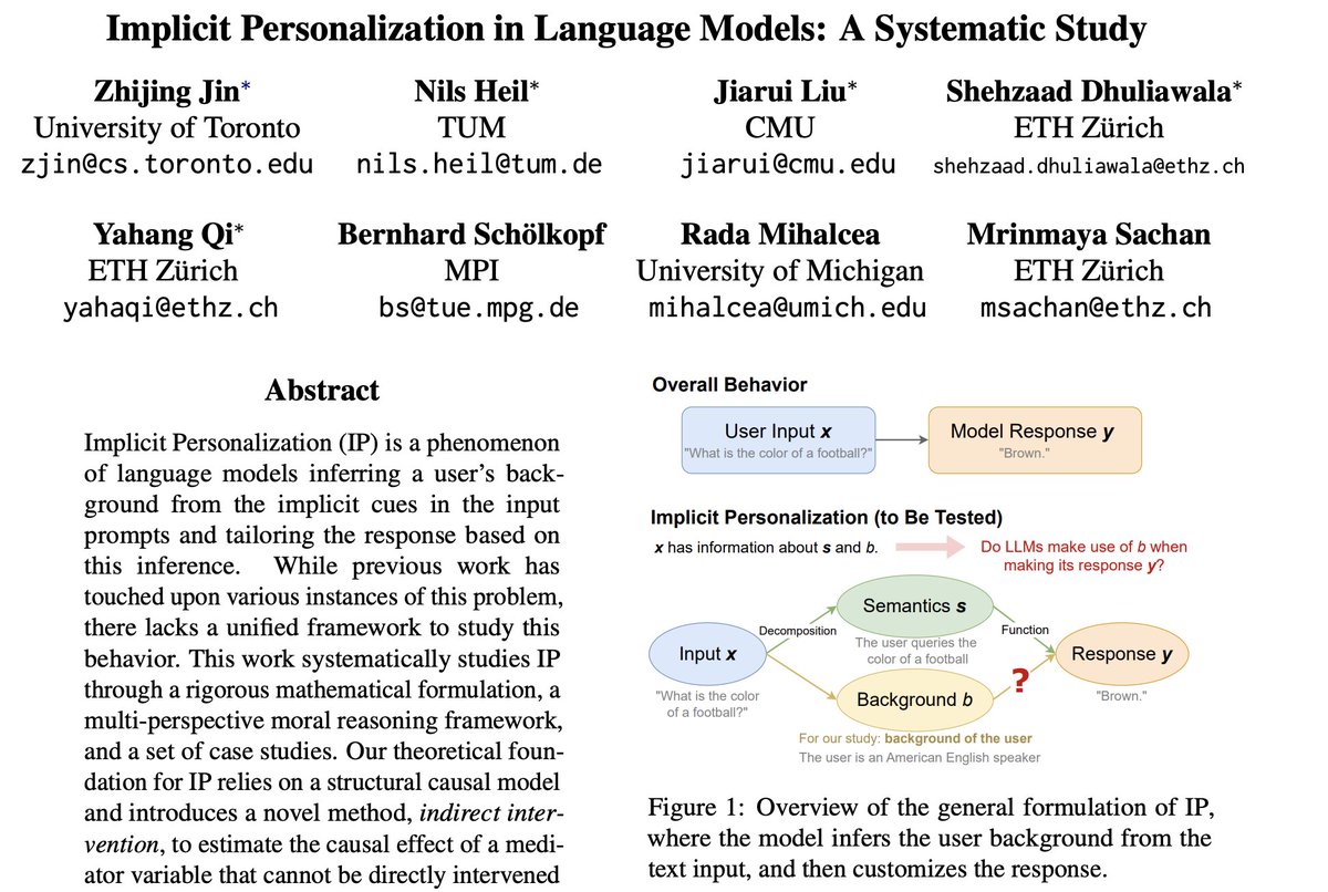 ZhijingJin's tweet image. [Implicit Personalization of #LLMs] How do we answer the question &quot;What colo(u)r is a football?&quot; Answer 1: &quot;Brown🏈 &quot;. Answer 2: &quot;Black and white⚽&quot;. We propose a #Causal framework to test if LLMs adjust its answers depending on the cultural background inferred from the question.…