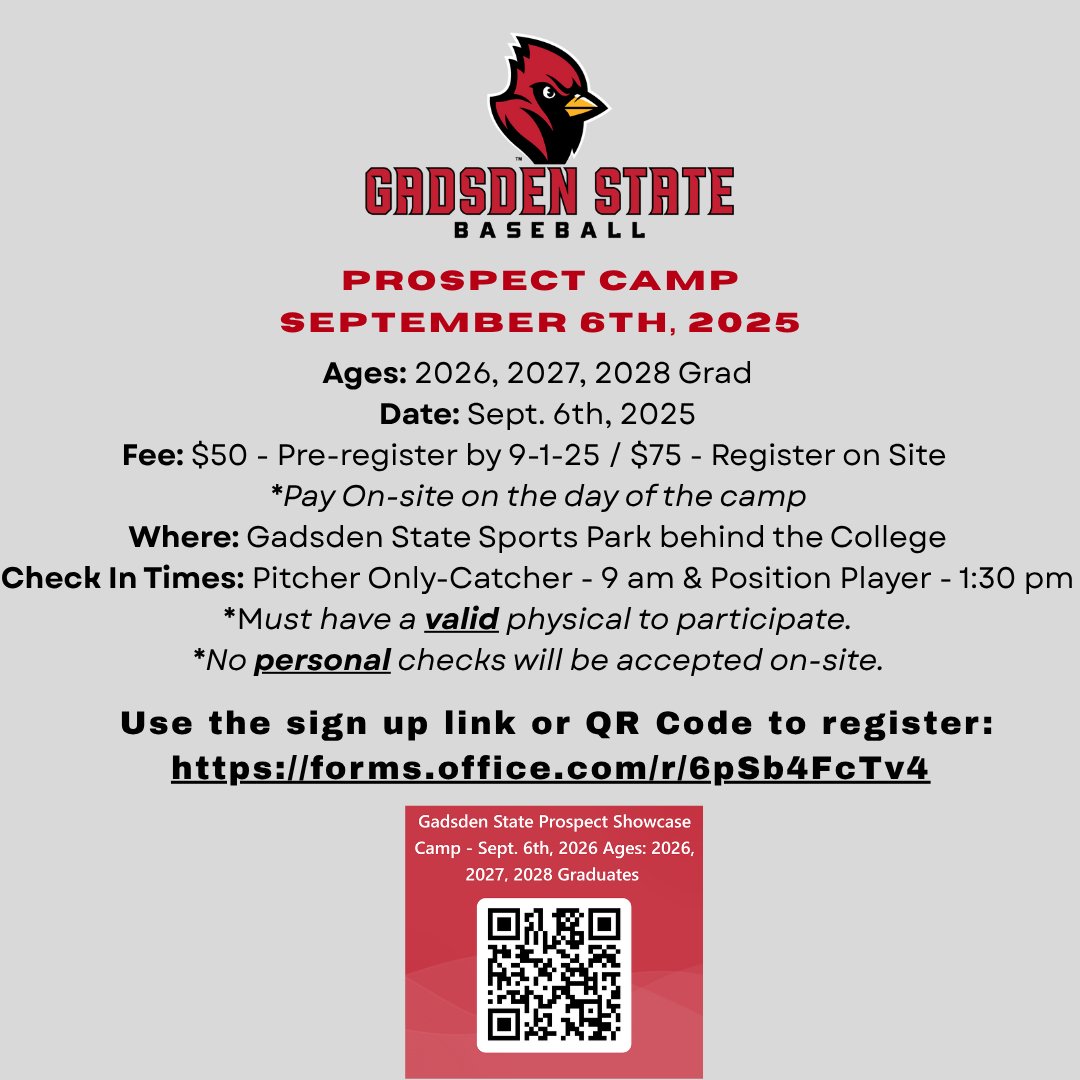 🚨🚨Gadsden State Baseball Prospect Camp 🚨🚨👀🐦⚾️