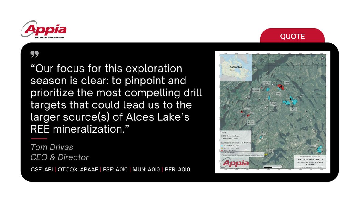 Appiareu's tweet image. βOur focus for this exploration season is clear: to pinpoint and prioritize the most compelling drill targets that could lead us to the larger source(s) of Alces Lakeβs REE mineralization.β Tom Drivas, CEO.
π stockmkt.info/3Tmc2EY
π¨π¦ $API.CA πΊπΈ $APAAF π©πͺ A0I0