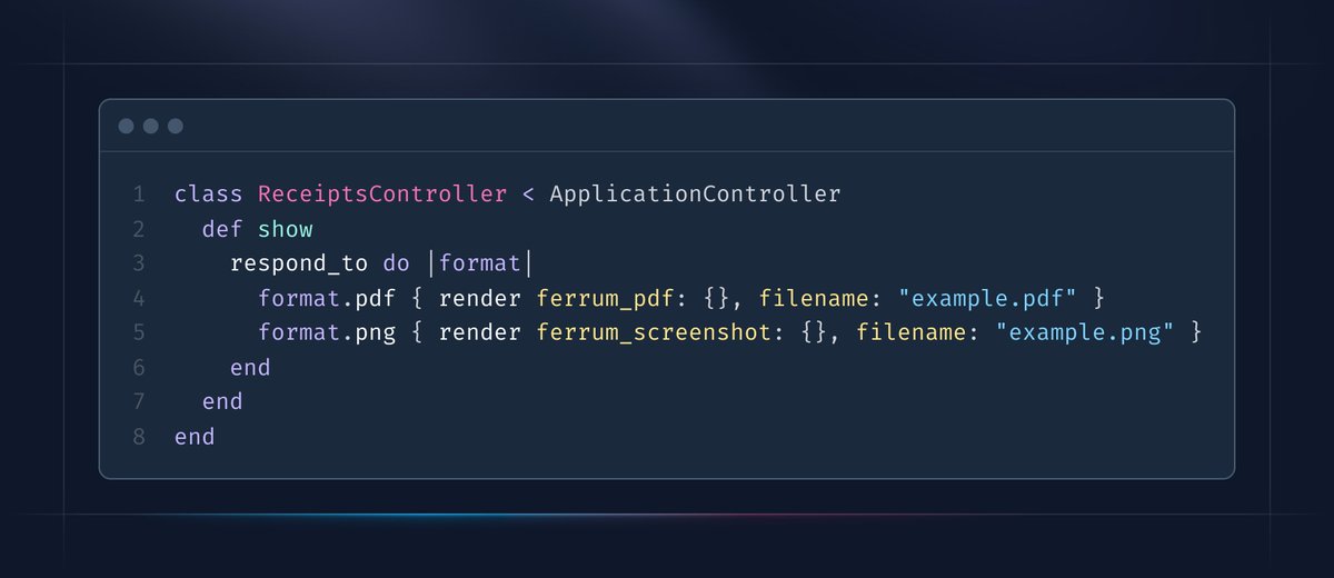 excid3's tweet image. FerrumPDF now adds custom renderers to Rails for a much cleaner integration.

You now call &quot;render&quot; just like you would for JSON or HTML and out pops a PDF of the page.

@GoRails lesson on this soon!