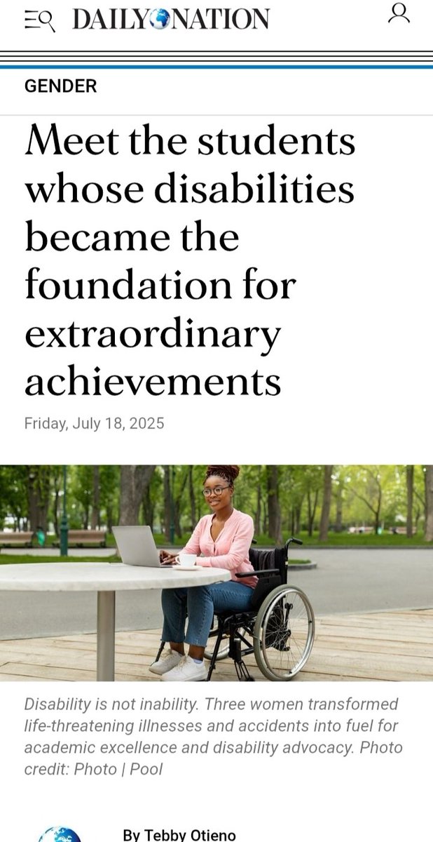 In today's <a href="/NationAfrica/">Daily Nation</a> #Gender #TheVoice I tell the resilient stories of 3 young women excelling academically after they were forced out of high schools under different circumstances that left them with different disabilities. Here is the online link: nation.africa/kenya/news/gen…
