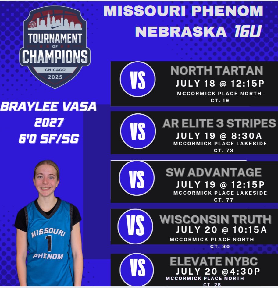 crva51's tweet image. Nike Tournament of Champions Chicago schedule!!
Come check them out!!
@nebraskaphenom
@MissouriPhenom
@NikeGirlsEYBL
@BrayleeVasa
@KenzliVasa