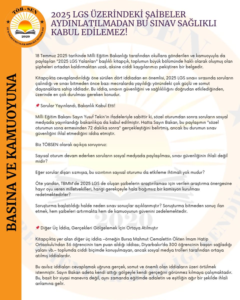 sendikatobsen's tweet image. 📣 Sınavda Şaibe Var, Sessiz Kalmıyoruz!
📌 Sınavın ikinci oturumu bitmeden soruların sızması
📌 Belirli illerde anormal başarı yoğunlaşmaları
📌 Açıklanmayan puan dağılımları ve saydamlıktan uzak bir süreç...
Her biri çocuklarımızın hayallerini çalan ciddi sorunlara işaret…