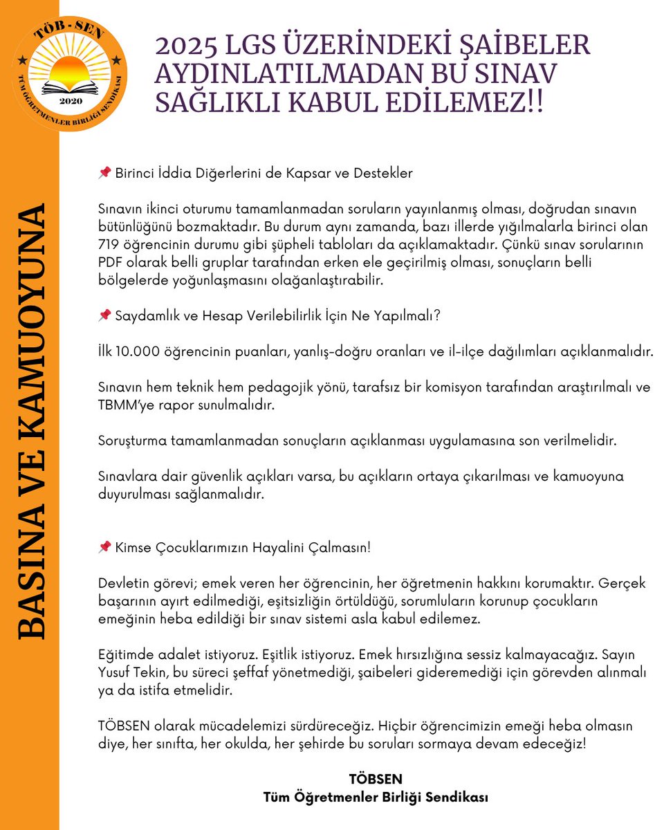 sendikatobsen's tweet image. 📣 Sınavda Şaibe Var, Sessiz Kalmıyoruz!
📌 Sınavın ikinci oturumu bitmeden soruların sızması
📌 Belirli illerde anormal başarı yoğunlaşmaları
📌 Açıklanmayan puan dağılımları ve saydamlıktan uzak bir süreç...
Her biri çocuklarımızın hayallerini çalan ciddi sorunlara işaret…