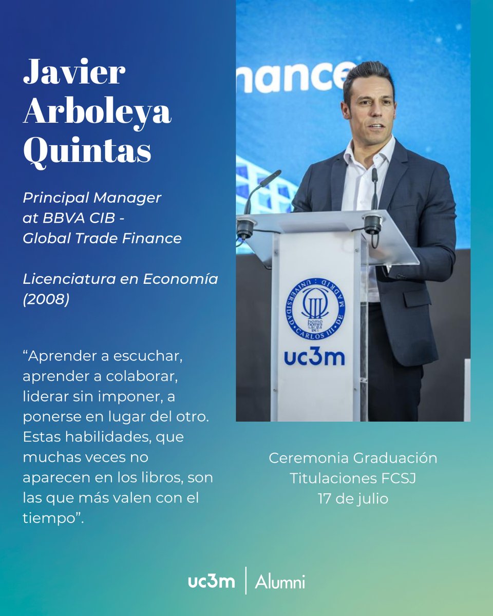 alumniUC3M's tweet image. 🎓 Nuestro #AlumniUC3M Javier Arboleya Quintas, licenciado en Economía en 2008, participó el 17 de julio en la Ceremonia de Graduación de las titulaciones de la Facultad de Ciencias Sociales y Jurídicas.
¡Bienvenid@s a #AlumniUC3M!💙