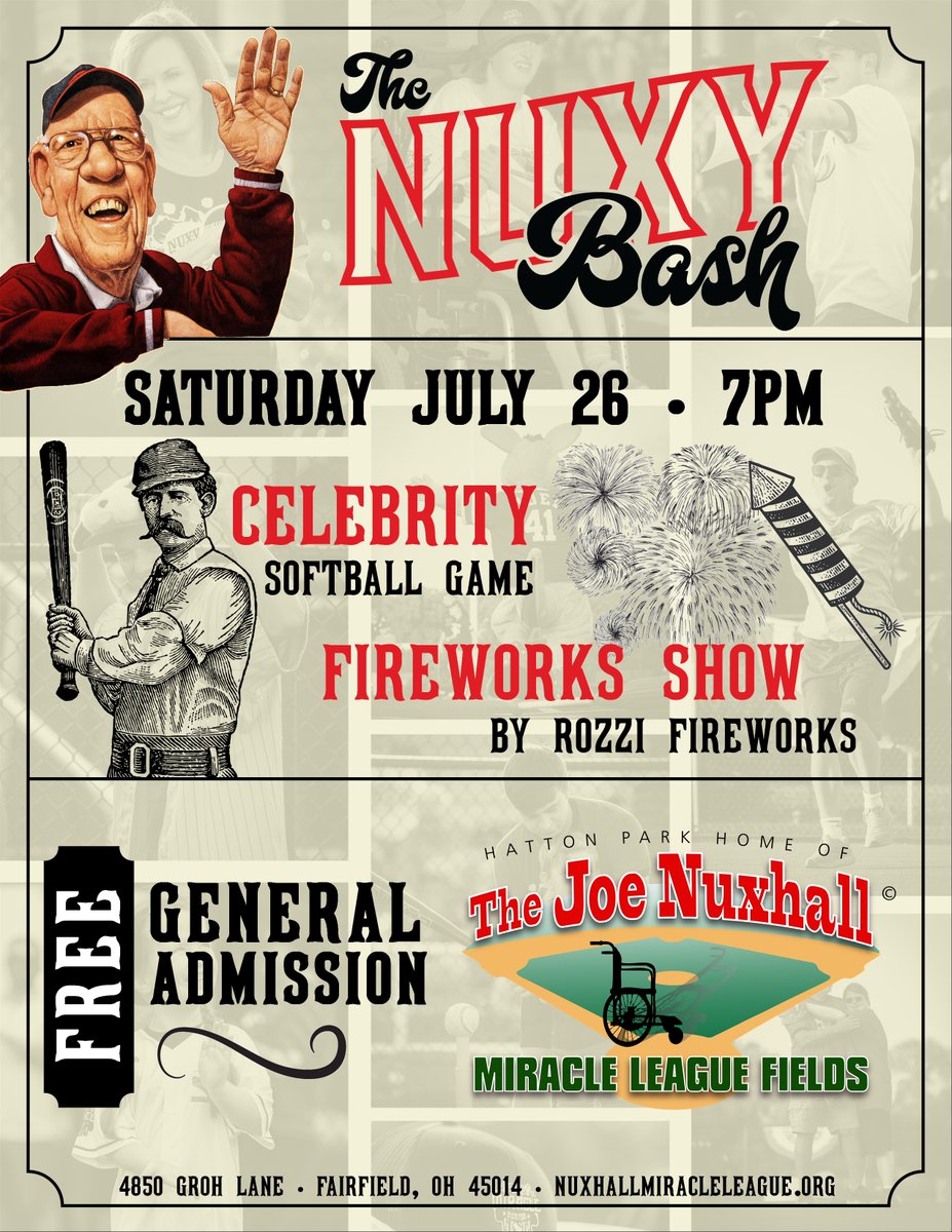 NuxhallMiracle's tweet image. It's time for a Nuxy Bash! Join us on Sat. July 26!
🥎 Celebrity softball game with our All-Stars!
🍧Ice cream available for purchase from Special Neat Treats!
🎨Artwork on sale from the artists at Inspiration Studios!
🎆WOW-worthy fireworks from our friends at Rozzi's!