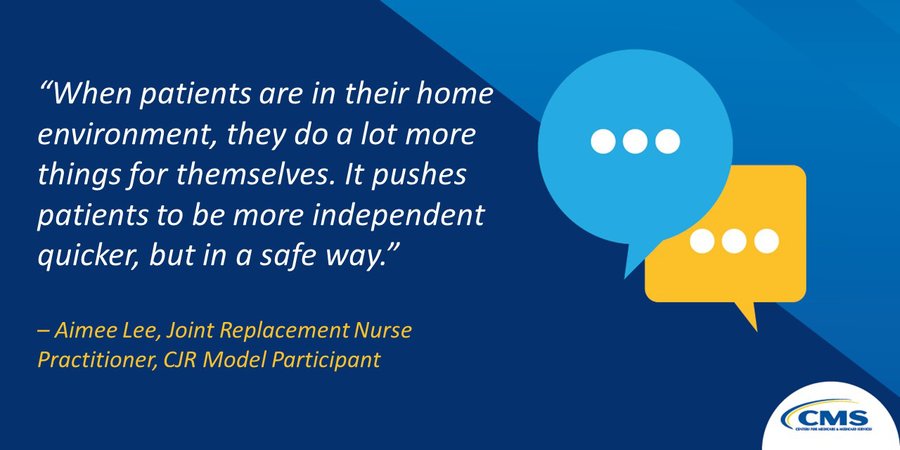 CMSinnovates's tweet image. Value-based care gives patients more options in how they receive care. For example, as part of the Comprehensive Care for Joint Replacement Model, patients can choose to recover at home after #HipandKneeReplacement surgeries. That's #ValueBasedCare: go.cms.gov/cjr-model-part…