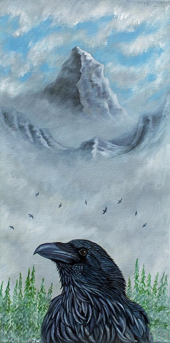 Well its random art post of the day time! 🤔🥁  

Raven Peak ❄️🏔️❄️  

Here's a mountain raven doing what mountain ravens do..  
#Art #MyArt #Ravens #Corvids #Mountains #Paintings #ArtistCorner #Acrylics

If anyone likes will add links in the comments,