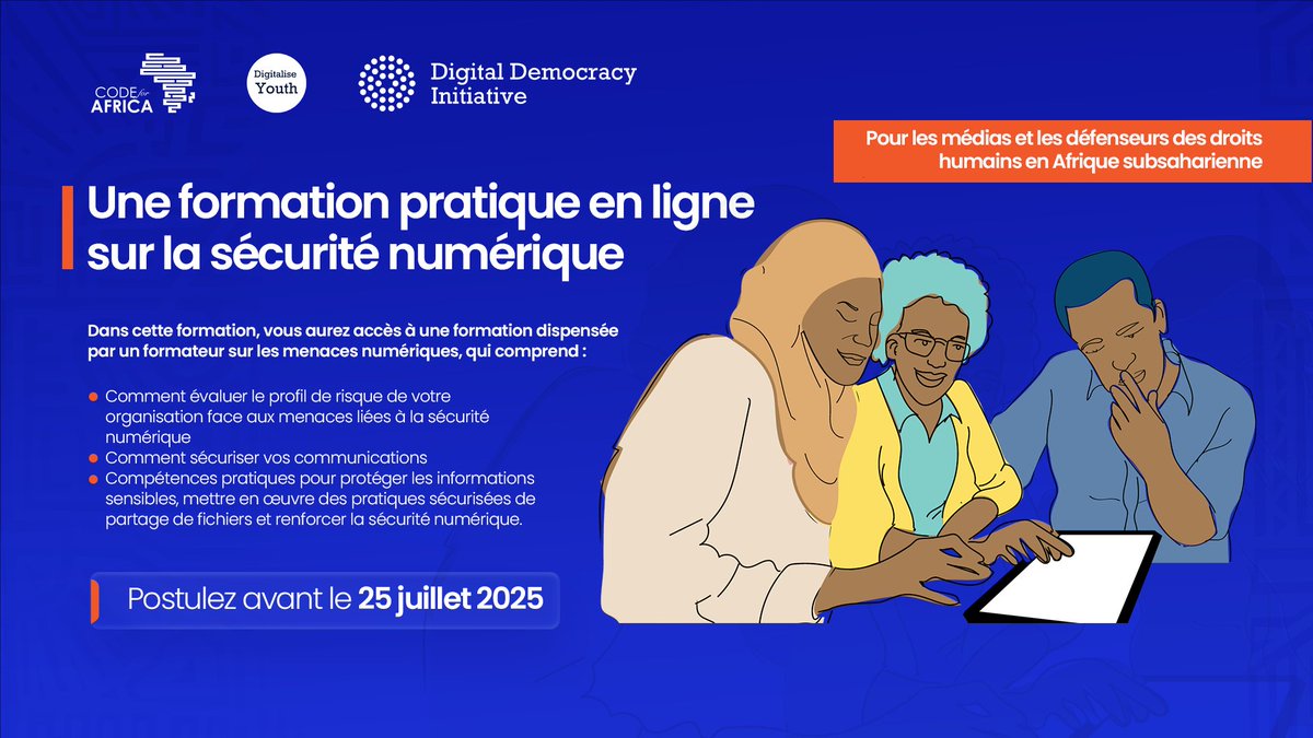 Code4Africa's tweet image. Êtes-vous basé au Tchad, Sénégal, Mauritanie, Mali, Togo, Guinée ou au Burkina-Faso ?
Rejoignez la formation Guardian gratuite de @Code4Africa pour les OSCs.
Apprenez à protéger les données sensibles de votre organisation.
📅 Postulez avant 25 juillet : bit.ly/3Ulp99S