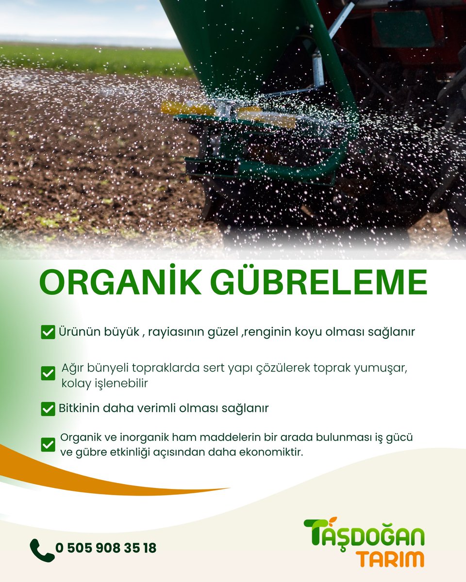 TAŞDOĞAN TARIM
👉Ürünün büyük , rayiasının güzel ,renginin koyu olması sağlanır
👉Ağır bünyeli topraklarda sert yapı çözülerek toprak yumuşar, kolay işlenebilir
👉Bitkinin daha verimli olması sağlanır
#taşdoğantarım #gubre #gübrelemeprogramı #organikgübre