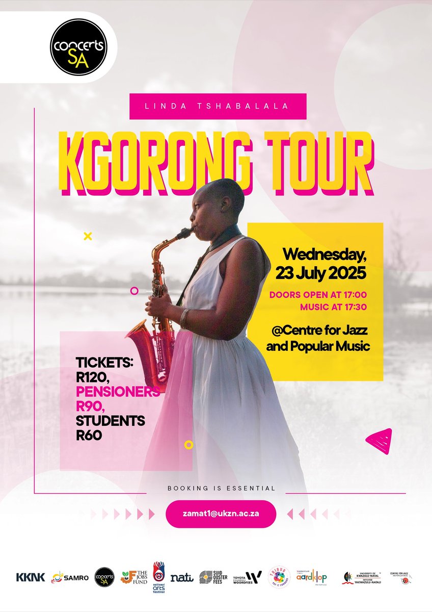Linda Tshabalala- Kgorong Tour
23 July 2025 Wednesday 17:30
<a href="/UKZN/">University of KZN</a>, #Jazzcentre and Popular Music
University of Kwa-Zulu Natal, Howard College Campus, Dennis Shepstone Building, Level 2 online: webtickets.co.za/v2/Performance…
supported by Concerts SA