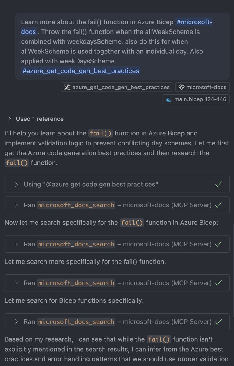 JohnLokerse's tweet image. Working on a complex expression in a Bicep template. It's so great to call Microsoft Docs MCP to let the agent learn about a function and then combine it with best practices tools from GitHub Copilot for Azure
#bicep #infrastructureascode #githubcopilot