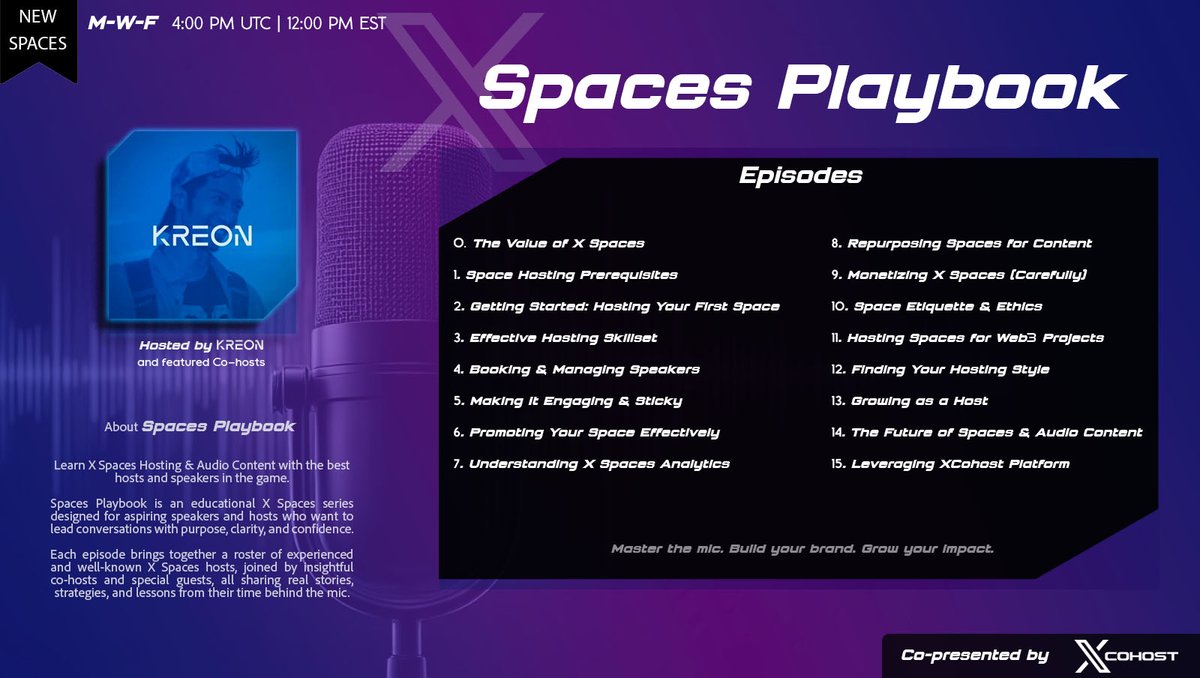 📣 New X Spaces Series Now Live on <a href="/XCohost/">XCohost</a>!

SPACES PLAYBOOK is for anyone who wants to host or speak on X Spaces.

Whether you’re a founder, business owner, content creator, or someone thinking of starting your own space to build community or grow your brand, this series is for