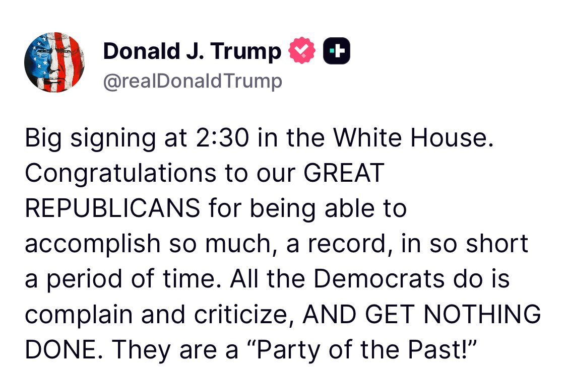 JUST IN: 🇺🇸 President Trump says, “Big signing at 2:30 in the White House.” 👀

He plans to sign the GENIUS Act into law today