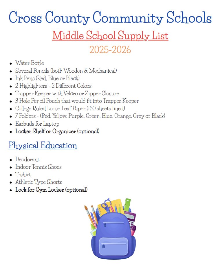 CrossCounty1's tweet image. ✏️📒📕🖊️🖍️ The Middle School Supply List can be found on our school website under "Back to School Documents." 5il.co/3lpkr
