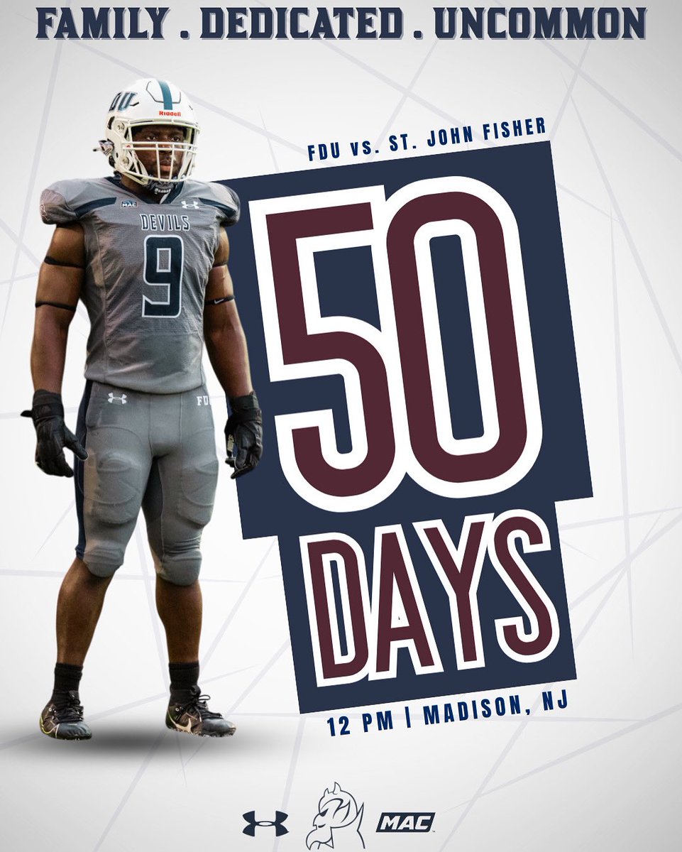 FDUFootball's tweet image. 5️⃣0️⃣ days. ⏳
FDU vs. St. John Fisher
12 PM | Madison, NJ
#FamilyDedicatedUncommon | #HornsUp