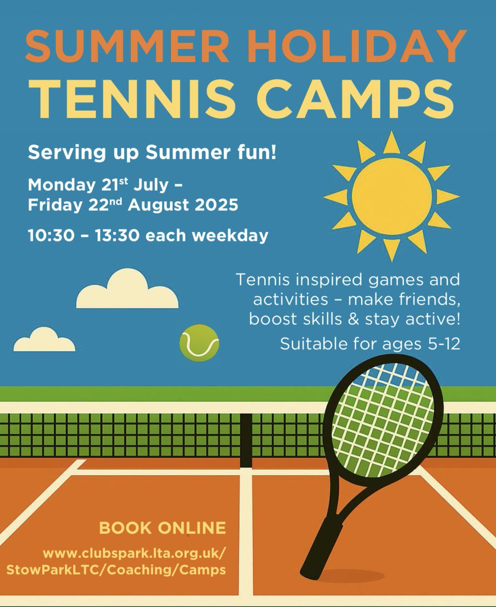 🙌🏼 SCHOOL’S OUT! 🙌🏼 

💥 Our tennis camps are serving up summer fun!

🎾 Suitable for ages 5-12 years and all abilities, camps are run by qualified, licensed coaches and include fun tennis related games and activities. 

➡️ Book your spaces now: clubspark.lta.org.uk/StowParkLTC/Co…