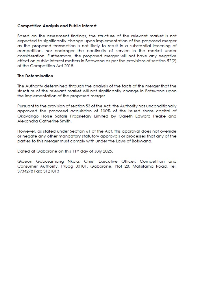 Competition & Consumer Authority Botswana (@ccabotswana) on Twitter photo Merger Decision No 24 2025-Gareth Peake Alexandra Smith and Okavango Horse Safaris
#CCAmergerdecision #mergers #acquisitions #mergersandacquisitions #CCApublicnotice <a href="/CCABotswana/">Competition & Consumer Authority Botswana</a> Merger Decision No 24 2025-Gareth Peake Alexandra Smith and Okavango Horse Safaris
#CCAmergerdecision #mergers #acquisitions #mergersandacquisitions #CCApublicnotice <a href="/CCABotswana/">Competition & Consumer Authority Botswana</a>