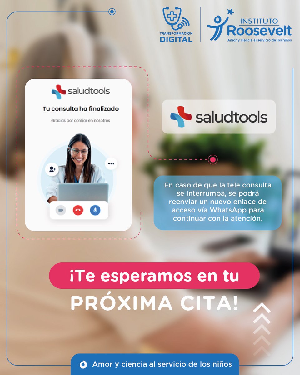🚨 ¡Atención! Desde el 28 de julio, en el Instituto Roosevelt implementamos nuevo software para telemedicina: Saludtools. ✔️ Confirmación por WhatsApp o correo ✔️ Ingreso simple a la sala virtual✔️ Atención más ágil y segura

📲 Revisa el paso a paso en nuestras imágenes.
#Salud