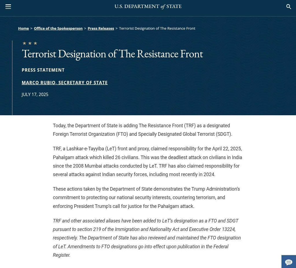 Dave_Gaur's tweet image. 🚨U.S. Department of State has designated Pakistani Terrorist organisation, The Resistance Front (#TRF) as a Foreign Terrorist Organization (FTO) and Specially Designated Global Terrorist (SDGT). 

#OperationSindoor #PakistanIsATerrorState