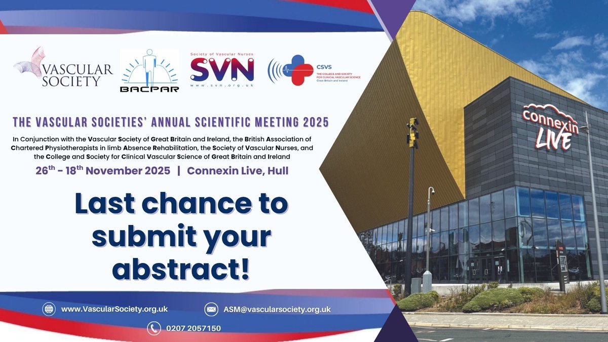 VSGBI's tweet image. 📢There are now only a few days remaining to submit your abstract or MDT case study for the upcoming VS ASM! 
🗓️Submission Deadline: 9:00 AM (BST), Monday 21 July 2025. 
💻vascularsociety.org.uk/annual-meeting…
Don&apos;t miss this opportunity to contribute to the leading vascular event of the year.