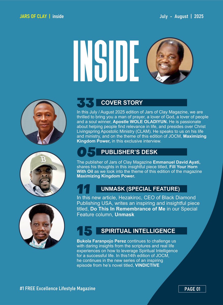 jarsofclayng's tweet photo. JUST OUT
Jars of Clay Magazine (Digital)
July / August  2025 Edition
HIGHLIGHTS:
• Cover Story
• ⁠Publisher’s Desk
• ⁠Unmask
• ⁠Spiritual Intelligence
• ⁠Business &amp; Career
• ⁠Faith &amp; Finance 
• ⁠Relationship &amp; Family Life 
• ⁠Pen of The Learned 
• ⁠Discipleship https://t.co/jDDkNLrYov