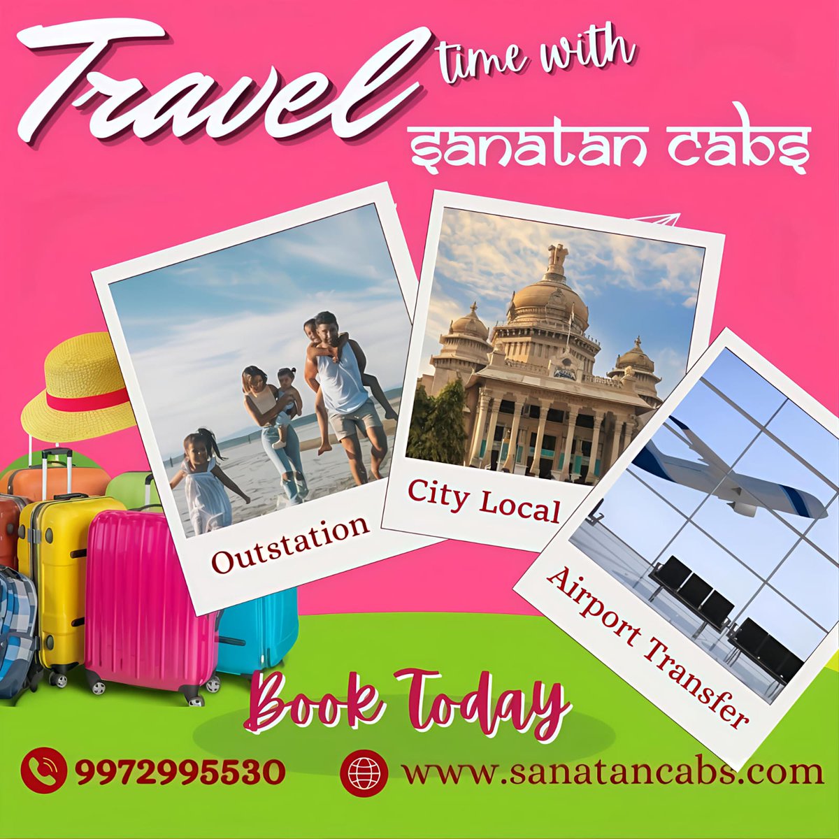 🚖 Travel Time with Sanatan Cabs! 🧳
Whether it’s a weekend getaway, a local city tour, or a hassle-free airport transfer – Perfect for families, solo travelers &amp; business professionals!
✅ Outstation Trips
✅ City Local Rides
✅ Airport Transfers
📞 Book Now: 9972995530