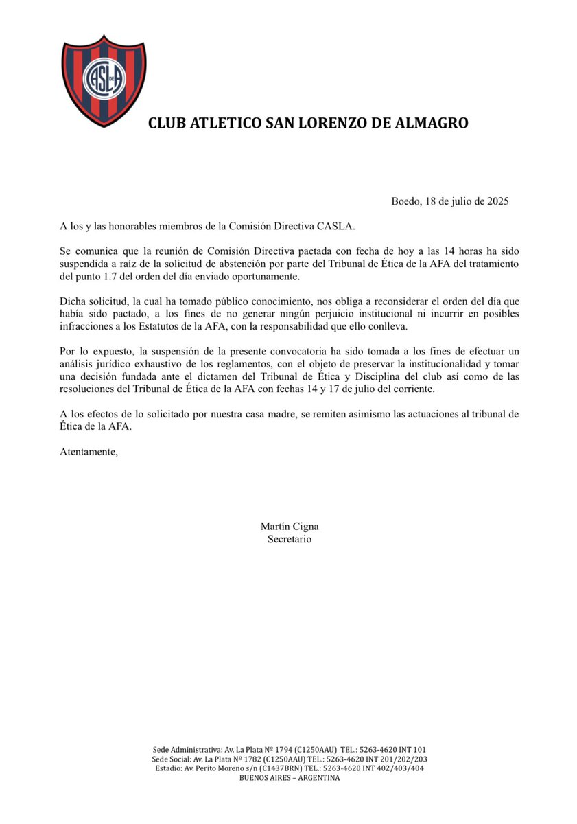 La reunión de Comisión Directiva pactada para hoy fue suspendida. La notificación fue enviada desde la secretaria del club a todos sus integrantes hace instantes explicando también los motivos de dicha suspensión.