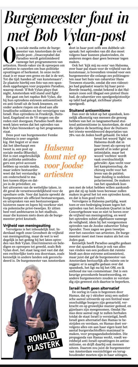 De schijnheiligheid van Femke Halsema is nog farizeïscher dan die van de Farizeeërs. Maar Plasterk omschrijft het diplomatieker: 'Halsema meet met 2 maten als het om Joden gaat. Halsema is partijdig: ze komt wel op voor Bob Vylan maar niet voor Joodse artiesten'