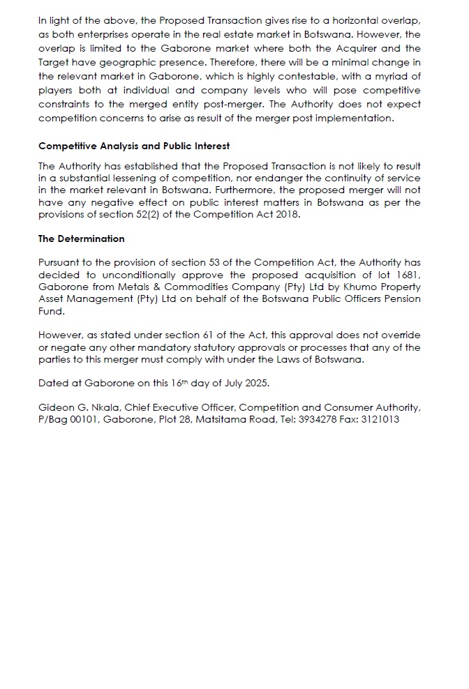 Competition & Consumer Authority Botswana (@ccabotswana) on Twitter photo Merger Decision Notice No 25 2025 - Khumo Property and Metal and Commodities
#CCAmergerdecision #mergers #acquisitions #mergersandacquisitions #CCApublicnotice <a href="/CCABotswana/">Competition & Consumer Authority Botswana</a> Merger Decision Notice No 25 2025 - Khumo Property and Metal and Commodities
#CCAmergerdecision #mergers #acquisitions #mergersandacquisitions #CCApublicnotice <a href="/CCABotswana/">Competition & Consumer Authority Botswana</a>
