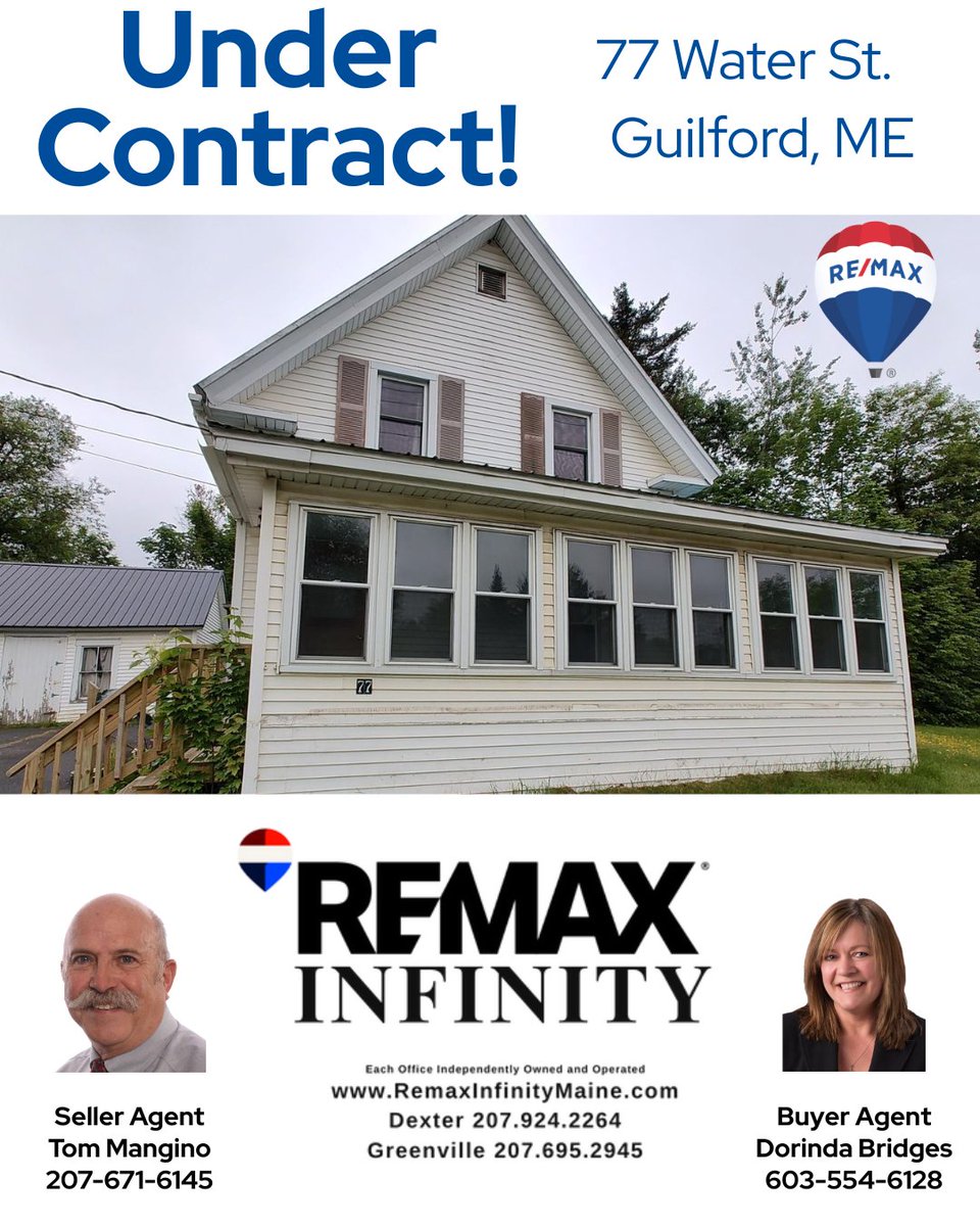 RemaxInfinityME's tweet photo. 🏡 Under Contract with RE/MAX Infinity! 🏡
77 Water St, Guilford, ME

🤝 Seller Agent: Tom Mangino – 207-671-6145
🤝 Buyer Agent: Dorinda Bridges – 603-554-6128

🔗 https://t.co/fkDNAx9qAF
📍 Dexter: 207-924-2264
📍 Greenville: 207-695-2945 https://t.co/3b1XC0d259