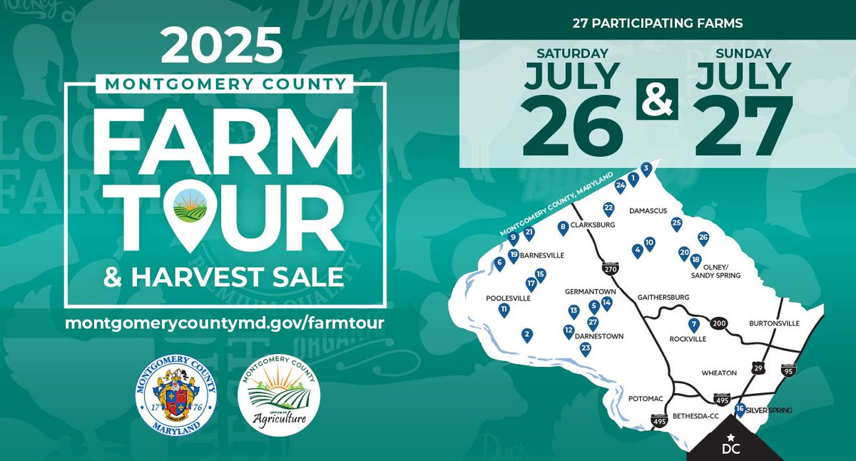 MoCoOAG's tweet image. Reminder: The 2025 Montgomery County Farm Tour & Harvest Sale is Almost Here! 🐄
Join us July 26–27 for a free, family-friendly weekend exploring Montgomery County’s vibrant farming community!
✅ montgomerycountymd.gov/agservices
#FarmTour2025 #MoCoMade #SupportLocalFarms