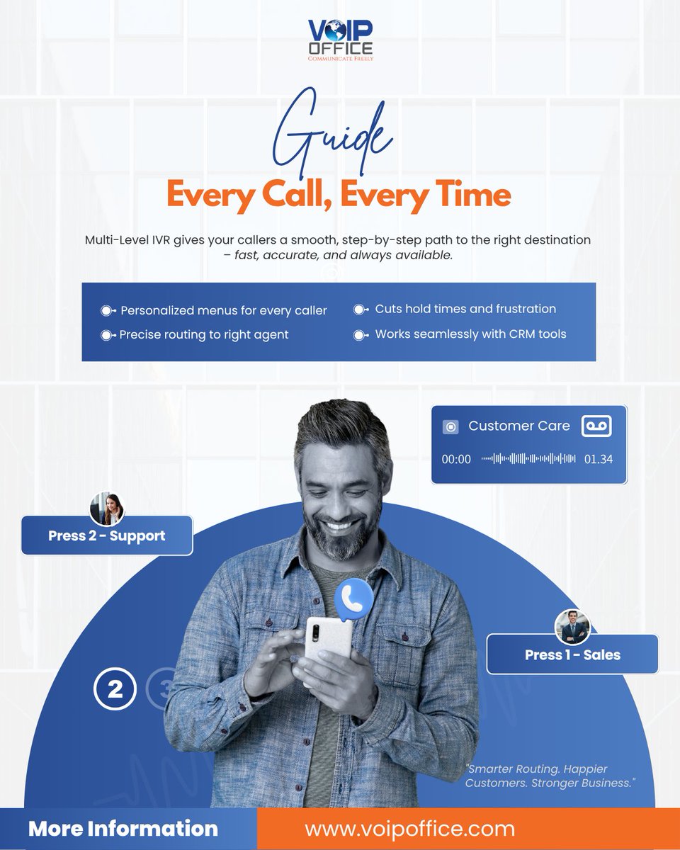 voipoffice's tweet image. Make Every Call Smarter, Not Longer

Multi-Level IVR guides your callers precisely—no confusion, no delay.

Route customers to the right team, reduce wait times, and deliver seamless support with layered call flow that scales as you grow.

#VoIPOffice #MultiLevelIVR #SmartCalling…
