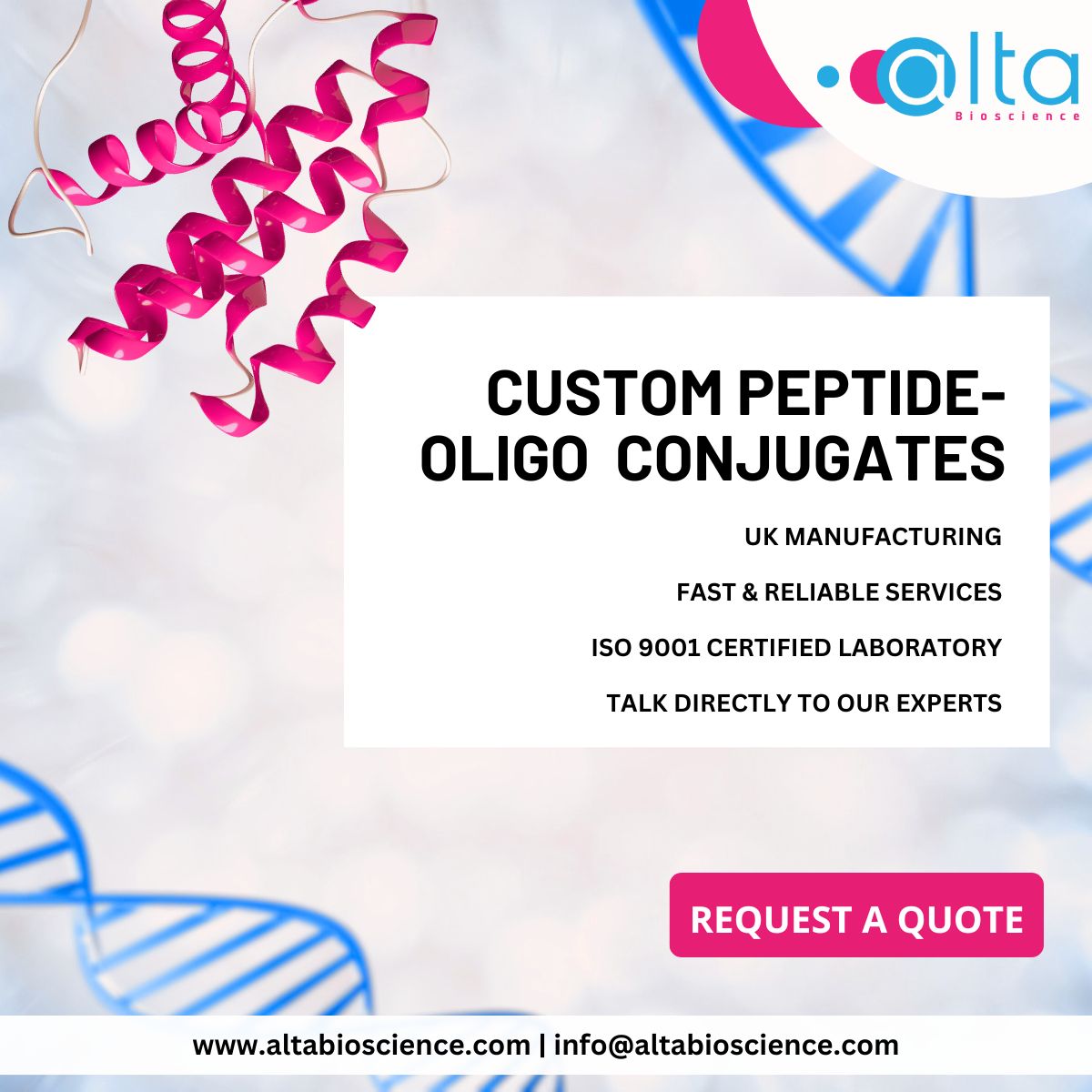AltaBioscience (@altabioscience) on Twitter photo Leveraging our extensive knowledge in #peptide and #oligonucleotide #synthesis, we excel in delivering peptide-oligonucleotide conjugates #POCs with a wide range of modifications & conjugation options. Email info@altabioscience.com or visit altabioscience.com/articles/pepti… for more info. Leveraging our extensive knowledge in #peptide and #oligonucleotide #synthesis, we excel in delivering peptide-oligonucleotide conjugates #POCs with a wide range of modifications & conjugation options. Email info@altabioscience.com or visit altabioscience.com/articles/pepti… for more info.